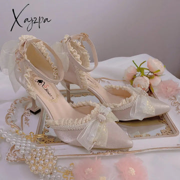 Xajzpa - Lolita High Heels Stiletto Sexy Women Shoes French Style Cosplay Ladies Mesh Bowknot Pumps